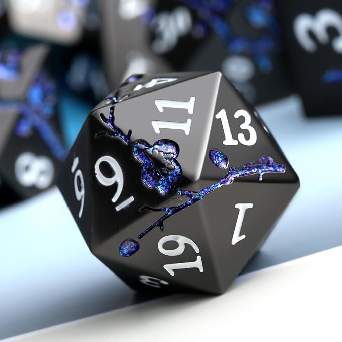 Glitter Blue D&D Metal Dice, DNDND 7 PCS Flower Metallic DND Dice Set