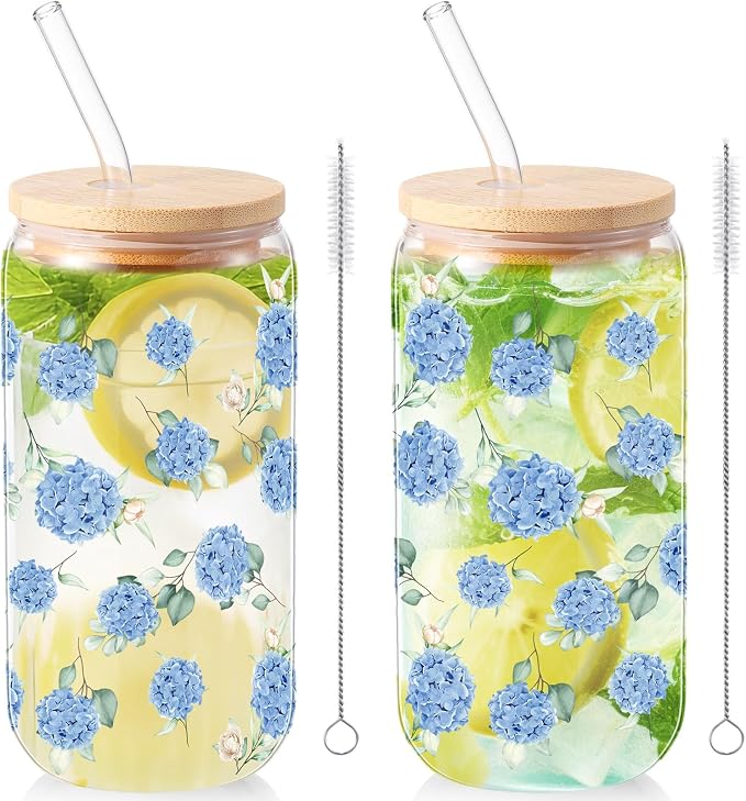 Sliner 2 Pcs Hydrangea Glass Cups Floral Gifts Flower Drinking Glasses 16 oz