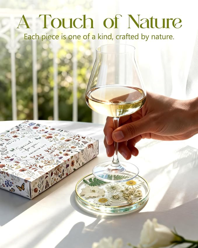 Oqplog Resin Drink Coaster for Desk Coffee Table-White Cute Dried Flowers Cup
