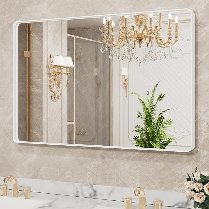 48x30 Inch White Metal Framed Bathroom Mirror