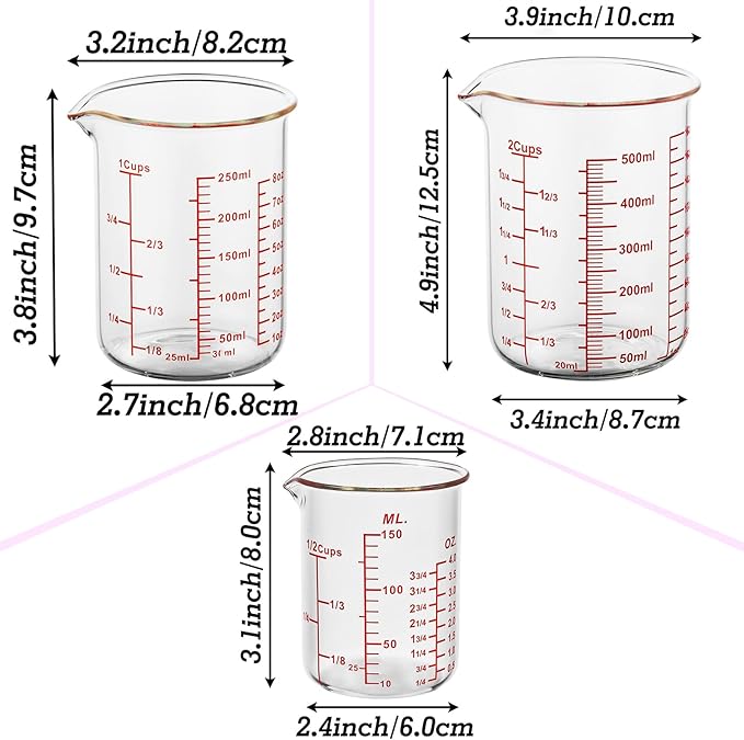 3 Piece Glass Measuring Cup Set, Includes 1/2-Cup, and 2-Cup High Borosilicate