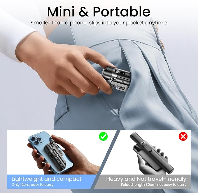 Mini Selfie Stick with 2 Fill Lights, Portable Phone Tripod with Remote and