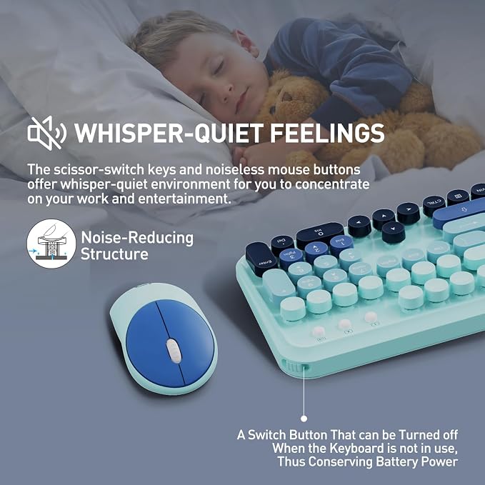 Wireless Keyboard and Mouse Set, 104 Round Keys Full-Size Cute Colorful