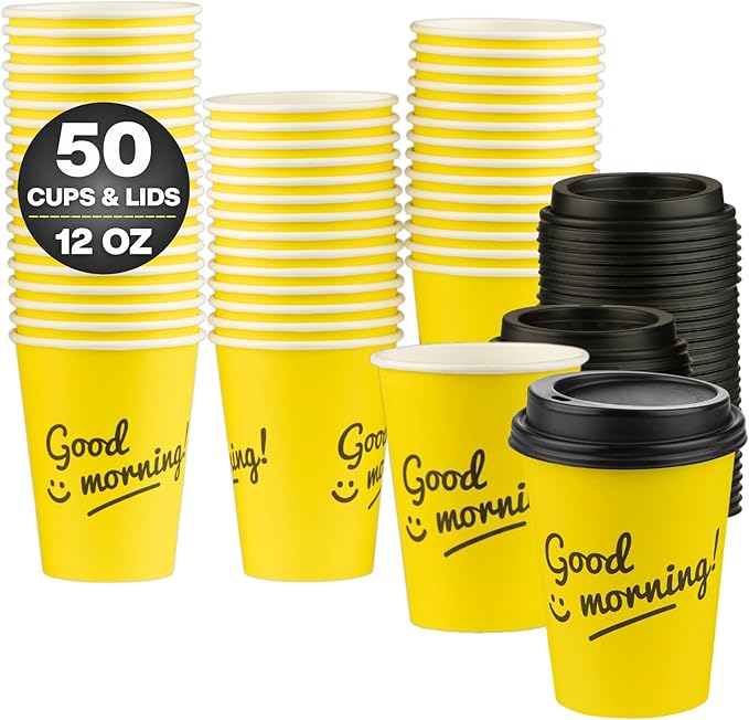 Disposable Coffee Cups with Lids, To Go Paper Hot Cups, Good Morning Design