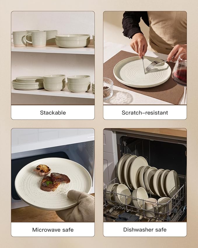 Stoneware Dinnerware Set for 8, Plates & Bowls, Chip & Scratch Resistant