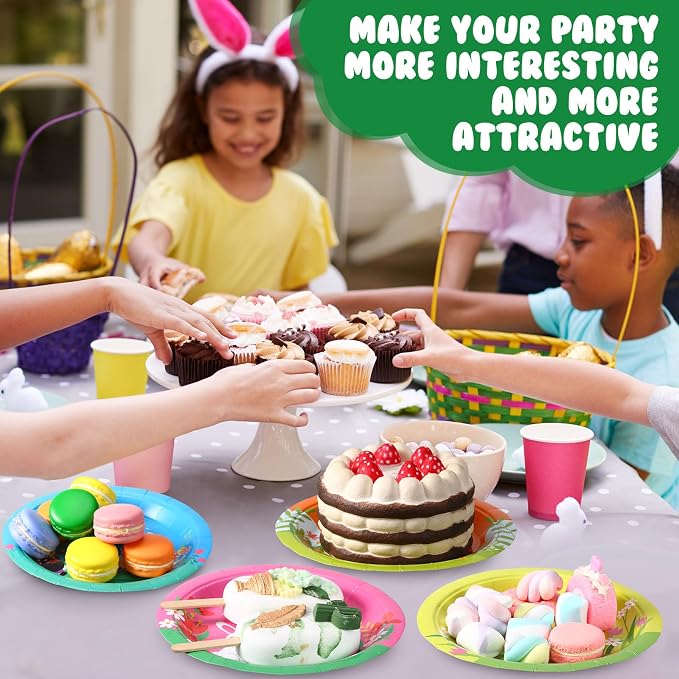 120 Pieces Happy Easter Paper Plates Bulk 7 Inch Bunny Eggs Disposable Easter