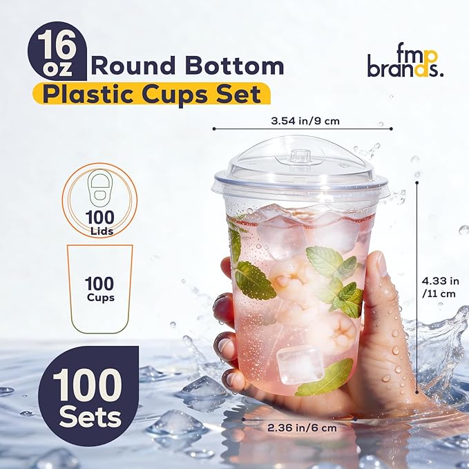 Fit Meal Prep 100 Pack 16 oz Round Bottom Clear Plastic Cups