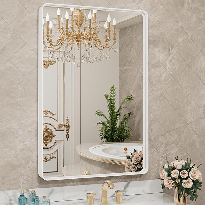 24x36 Inch White Metal Framed Bathroom Mirror