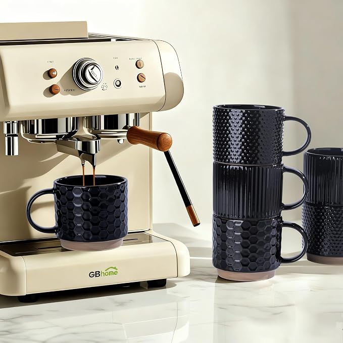 GBhome 12 OZ Stackable Coffee Mugs Set of 4, Ceramic Black Coffee Cups Set | 4