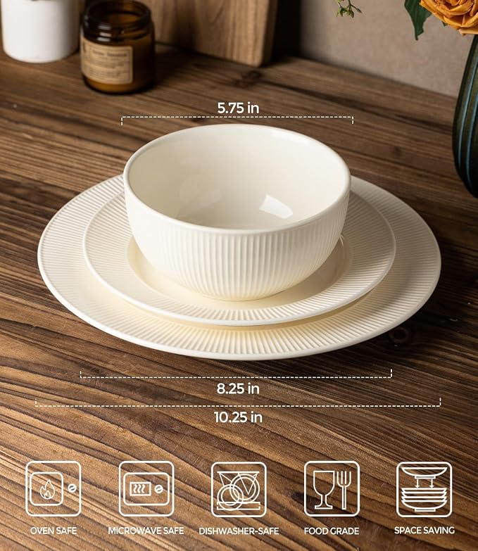 Ceramic Dinnerware Set for 4, 12-Piece Plates and Bowls Set | Lightweight