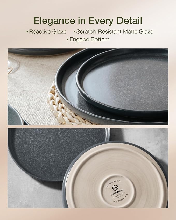 Famiware Milkyway 16-Piece Stoneware Plates and Bowls, Matte Dark Charcoal |