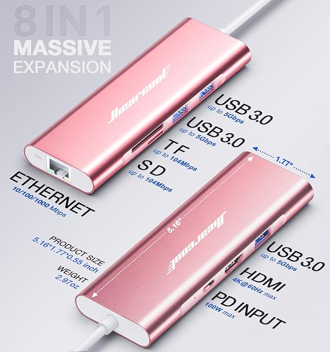 Hiearcool USB C Hub Ethernet, 8in1 USBC Hub Multi-Port Adapter, USB-C to HDMI