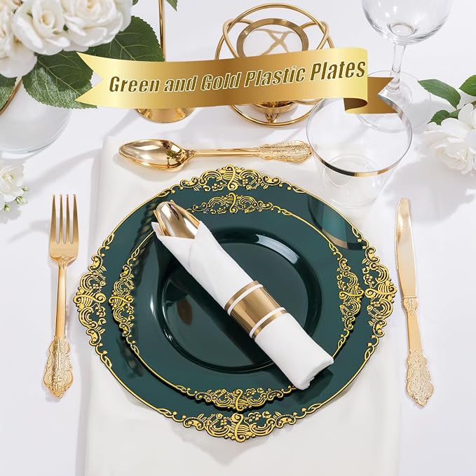 Nervure 350Pcs Green Plastic Plates, Plastic Dinnerware Set