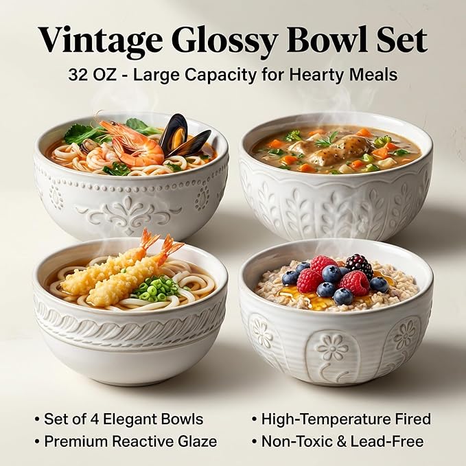 Soup Bowls 32 OZ, Cereal Bowls Set of 4, Dishwasher Microwave Safe, 6.3 Inch