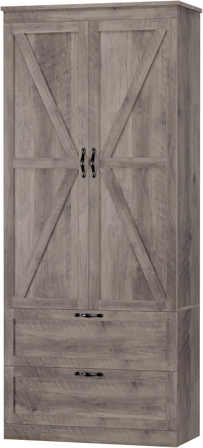 70" Tall Kitchen Pantry Storage, Barn Doors Pantry Cabinet