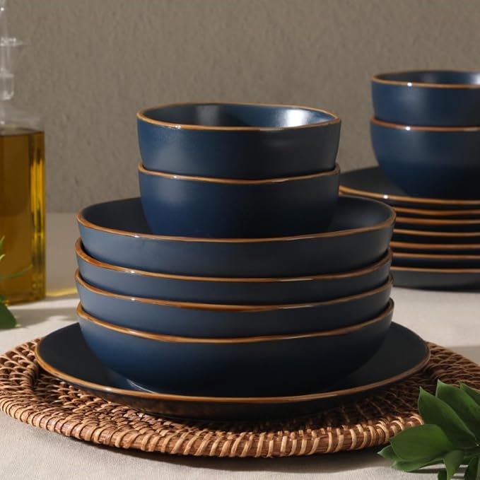 Gibson Home Hazeltine 16-Piece Navy Blue Stoneware Dinnerware Set – Plates and