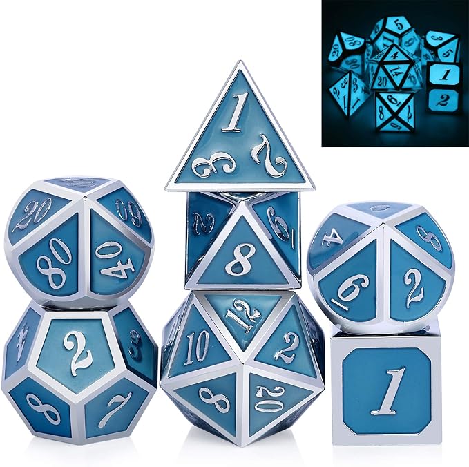 DnDnD Glowing DND Metal Dice Set, Luminous Blue Metal Dice