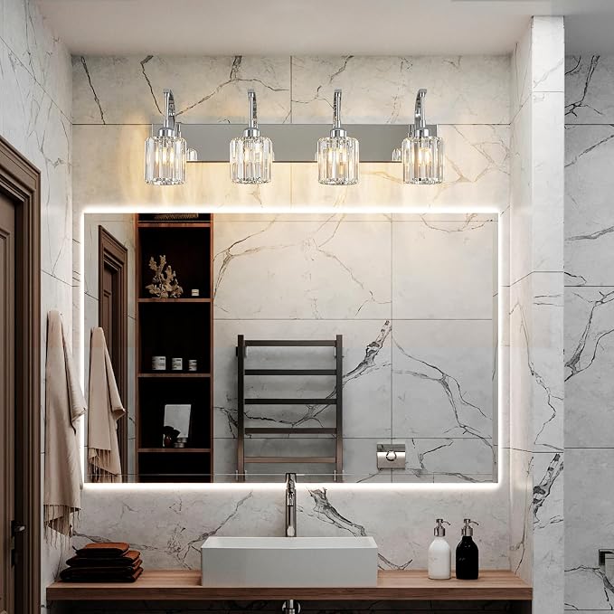 4-Light Crystal Vanity Light, Modern Chrome Bathroom Wall Sconce