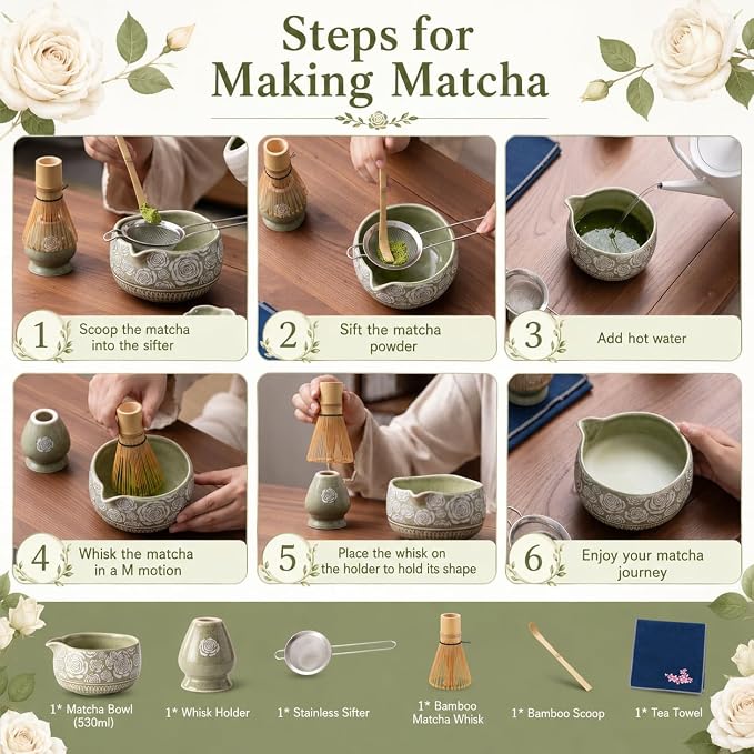 Matcha Whisk Set, 7-Pc Ceramic Matcha Bowl Kit, Bamboo Whisk, （Rose Green） |