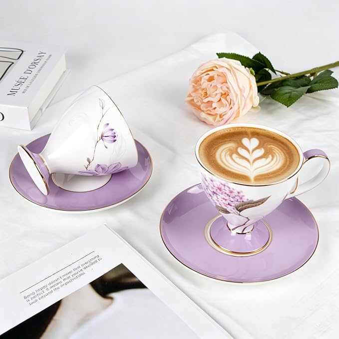 KAMMAK Tea Cups Set of 2, Ceramic Floral Pattern Demitasse Cup | Porcelain