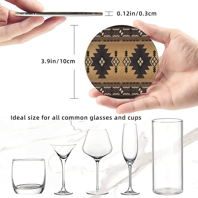 6 Pcs Brown Western Southwest Modern Geometric Abstract Art Leather Coasters