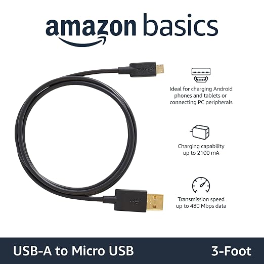Amazon Basics 3-Pack USB-A to Micro USB Charging Cable, 480Mbps Transfer Speed