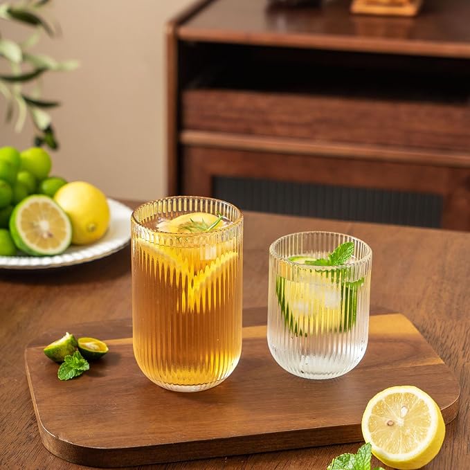 Ribbed Drinking Glasses 8pcs, Rocks Drinking Glasses 12oz and 10oz, Tumbler