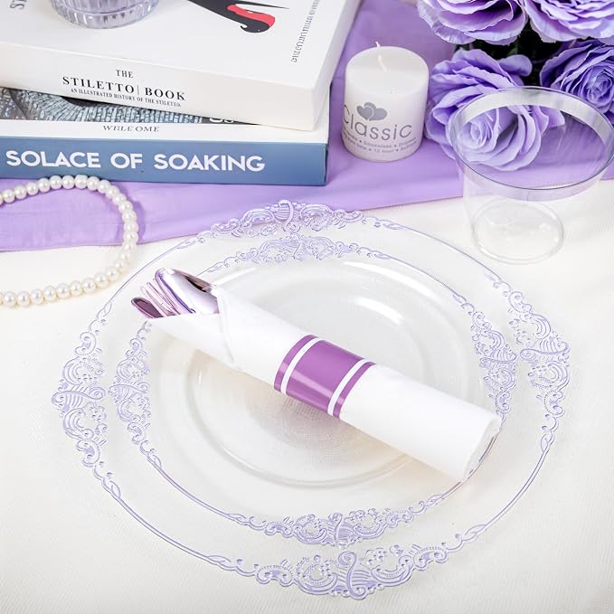 175 Pcs Clear Purple Plates for Party | Party Plates Set for 25 Guests