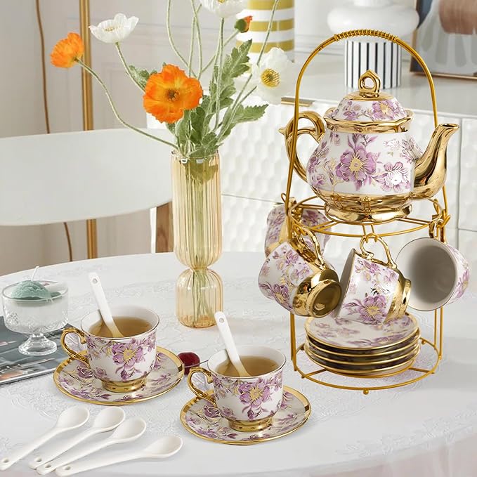 20 Pcs Porcelain Tea Set With Metal Holder,