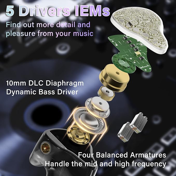 BASN Bmaster5 in Ear Monitors, 1DLC Diaphragm+4BA 5 Drivers IEM Earphones