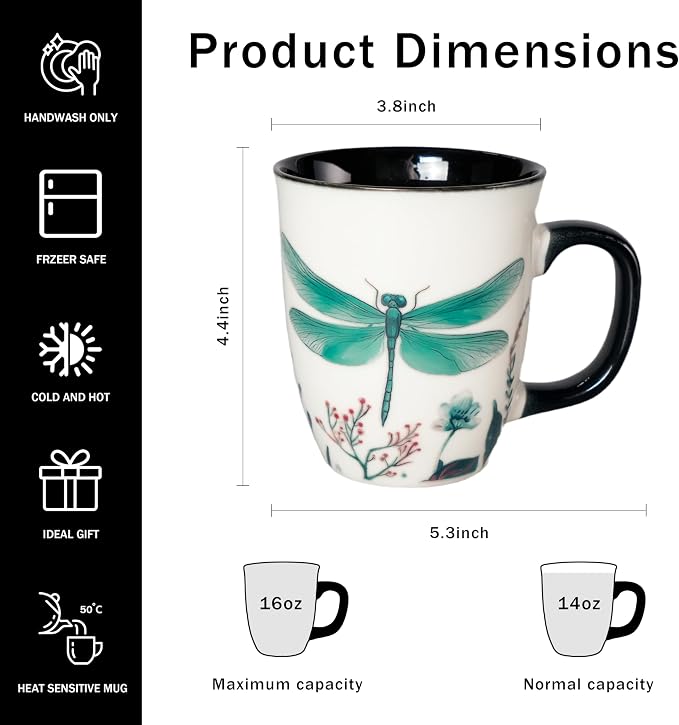16 oz Dragonfly Coffee Mug, Color Changing Cup | Ceramic Coffee Cup, Heat