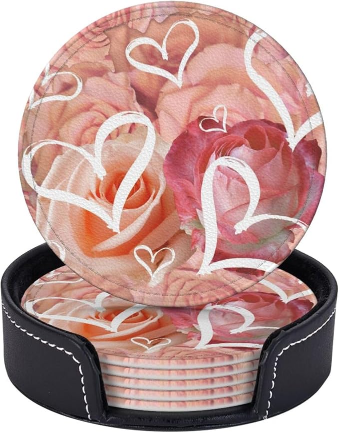 Drink Coasters with Holder Stand Set of 6, Heart Pink Rose Flower Pu Leather