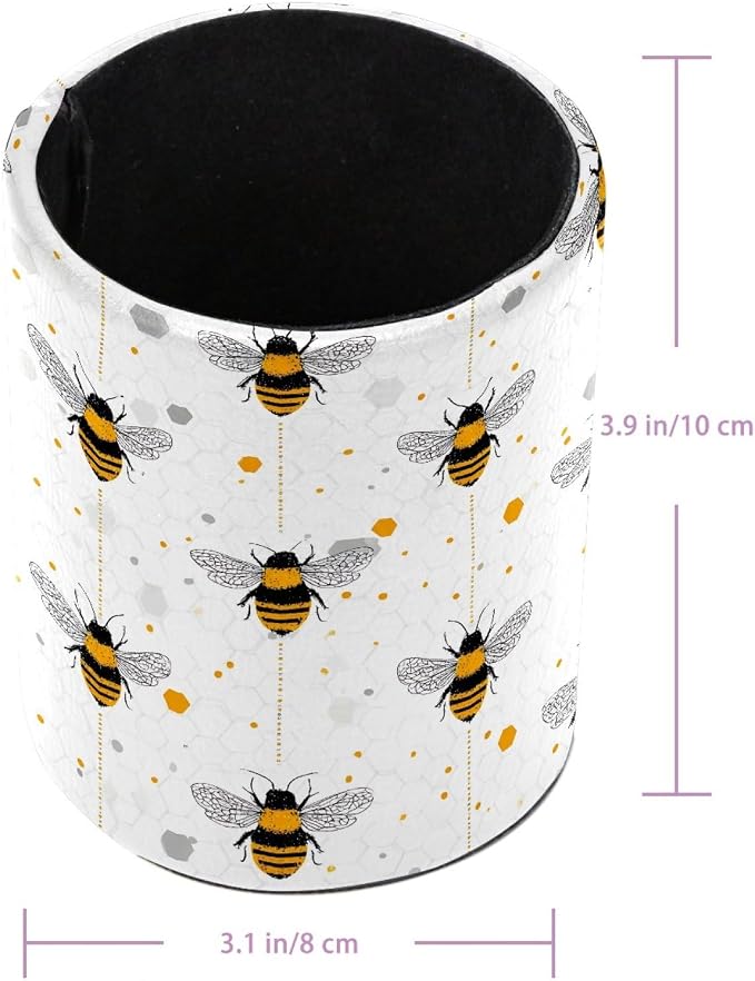 Leather Pen Holder for Desk, Bees Pencil Cup Pen Organizer Makeup Brush Holder