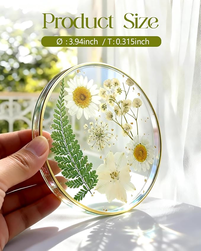 Oqplog Resin Drink Coaster for Desk Coffee Table-White Cute Dried Flowers Cup