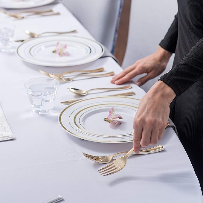 125-Piece White and Gold Fancy Plastic Plates Disposable