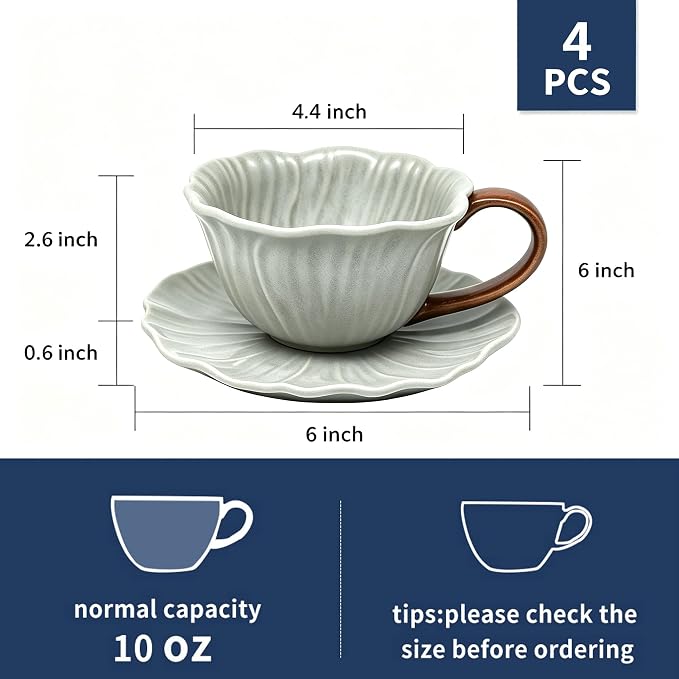 KOOV Latte Cup and Saucer Set of 4, Vintage Hand-Painted 10 oz Ceramic