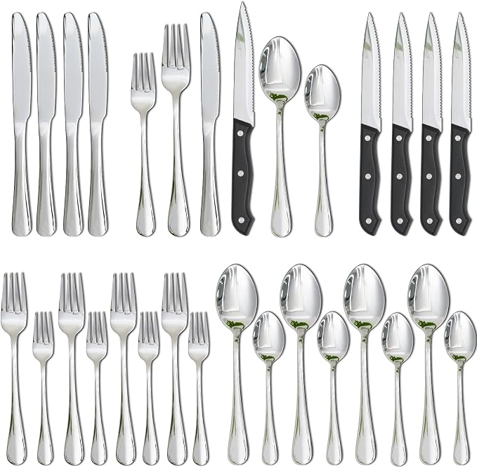 Astercook Silverware Set with Steak Knives 24-Piece Flatware Set