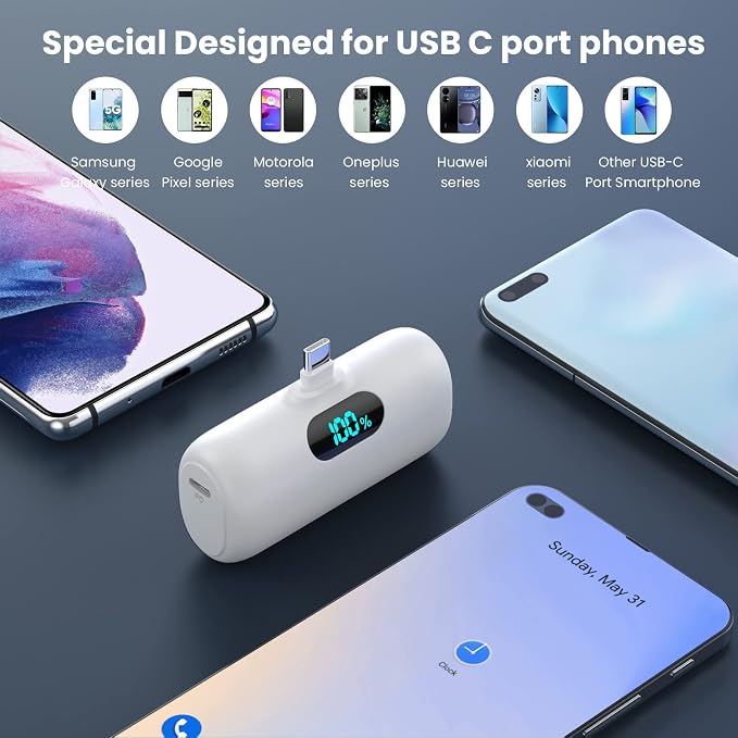 Samll Portable Charger for iPhone 16/15 Series, 5000mAh 3A PD USB C Power Bank
