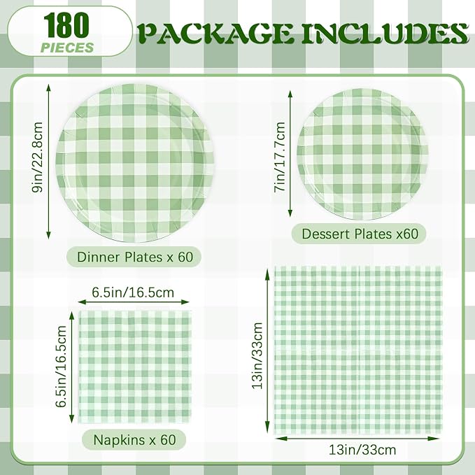 180Pcs Green Gingham Party Supplies Paper Plates and Napkins Serve 60 |