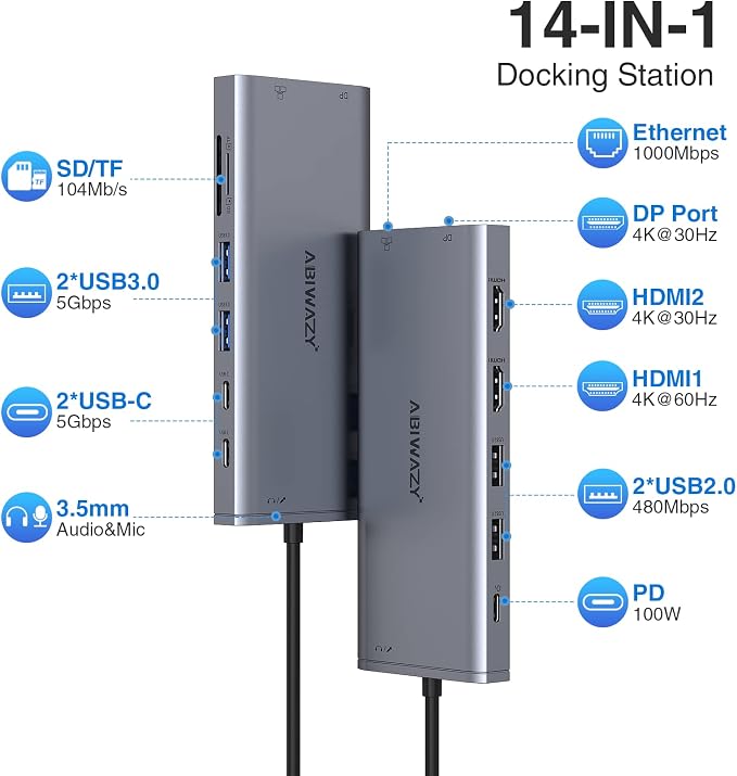 USB C Hub USB-C Docking Station Dual Monitor 14 in 1 Triple Display Multiport