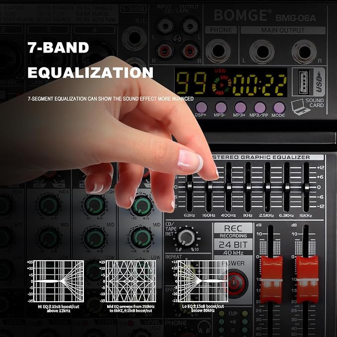 BOMGE 06A Professional 6 Channel DJ Audio Mixer, DJ Controller Sound Mixer