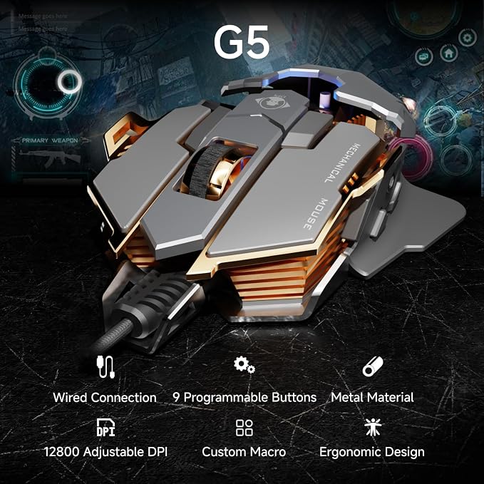 EWEADN G5 Wired Gaming Mouse, Ergonomic RGB Computer Mouse, 12800 Adjustable DPI