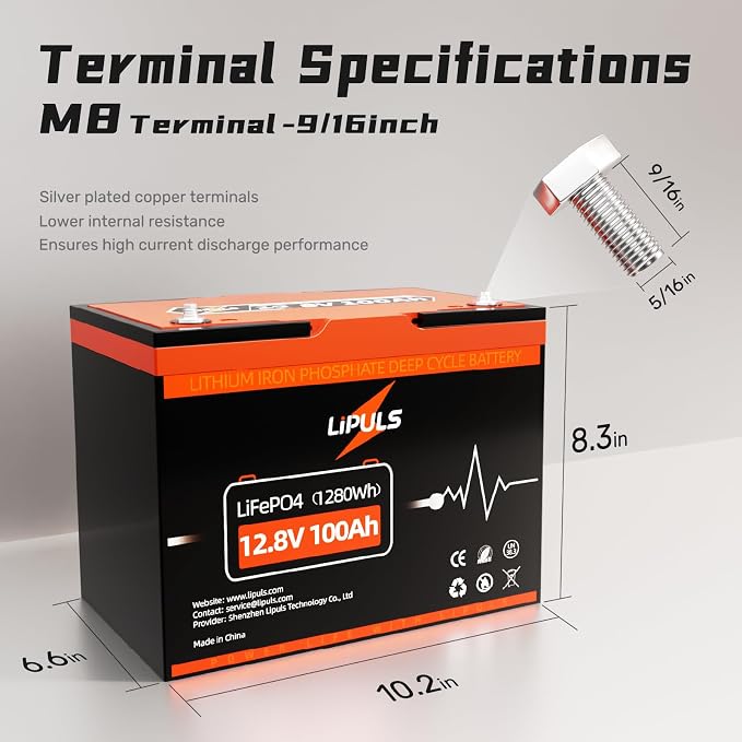 12.8V 100Ah LiFePO4 Battery, Group 24 Size • Built-in 100A BMS, Max.1280Wh