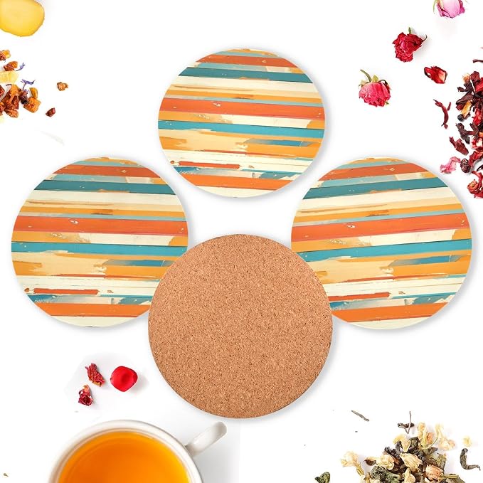 Red Stripes 4 Piecing Set Round Drink Coaster Cork Trivets