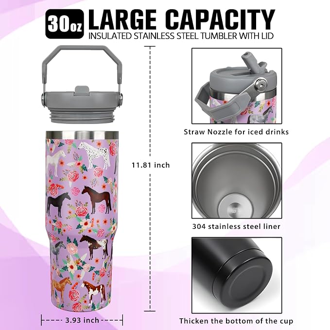 30 oz Horse Tumbler with Handle and Flip Straw, Vacuum Insulated Water Bottle