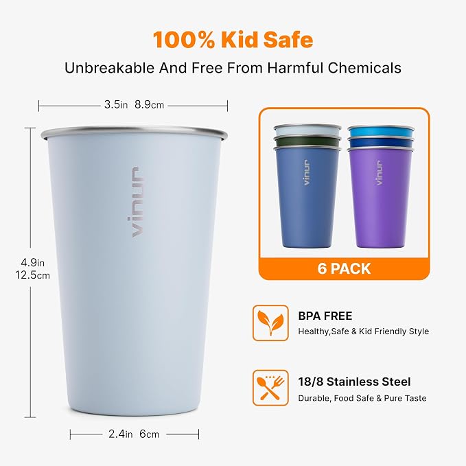 VINUR Stainless Steel Cups 16 oz Metal Drinking Glasses 6 Pcs | Stainless Steel