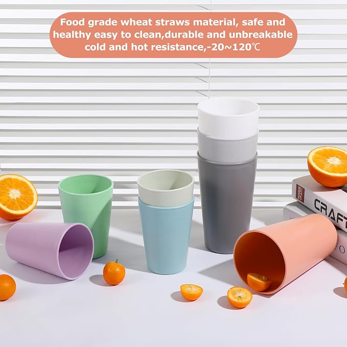 HEYCOME Set of 16 Wheat Straw Cups, Reusable Plastic Cups Sets, Water Glasses