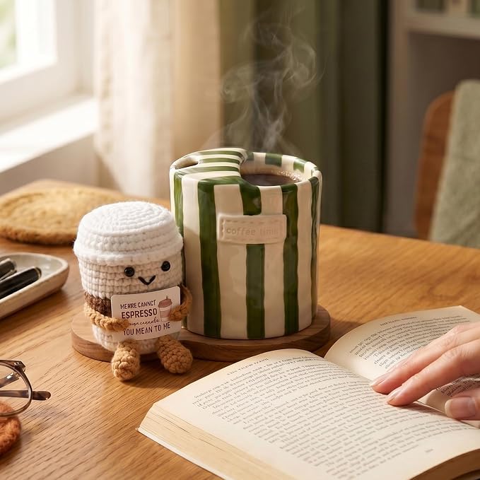 Coffee Lover Gift Set for Women Men, Ceramic Coffee Mug and Handmade Crochet