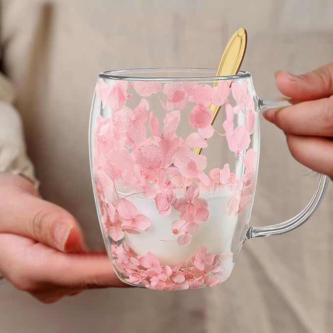 Gifts for Women Dried Flowers Double Wall Glass Coffee Mugs Cute Glass Tea Cups