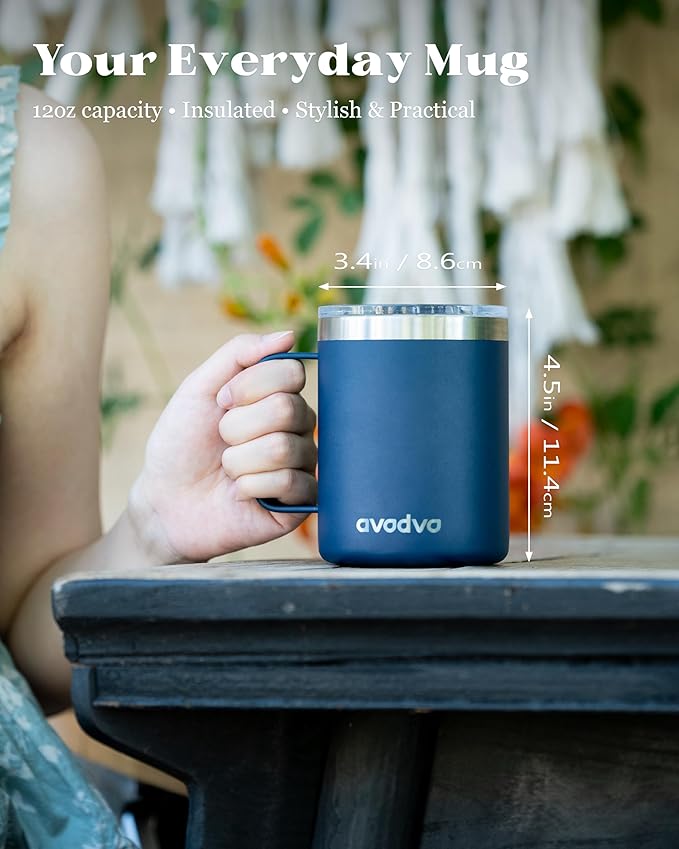 12oz Insulated Coffee Mug with Lid – Includes Two Lids, Stainless Steel Coffee